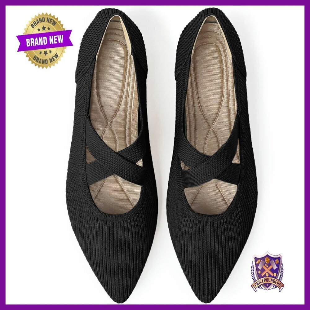 Pointed Toe Knit Flats with Strap, Machine Washable, Comfortable Dress Shoes